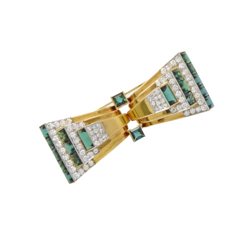 Late Art Deco gold, diamond and green tourmaline stepped bow tie double clip brooch by Cartier, c.1940, of architectural design,